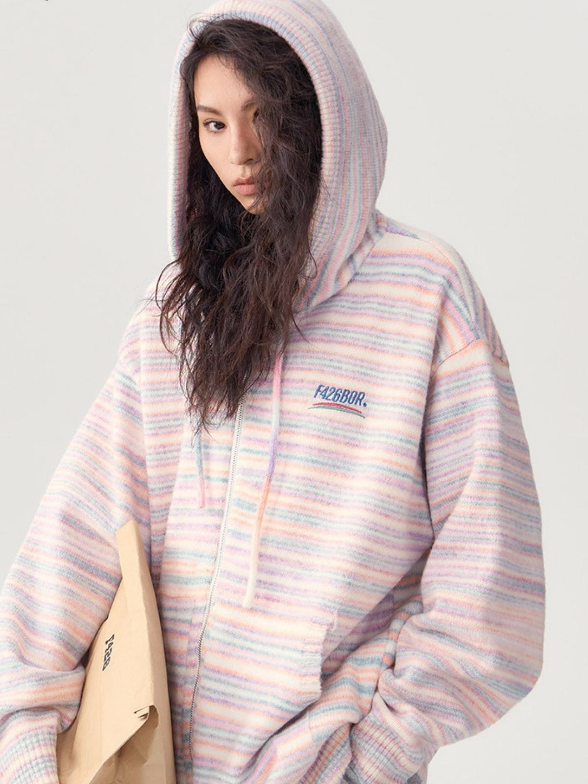 We Love Street Casual Zipper Hoodie Striped Knit Cardigan